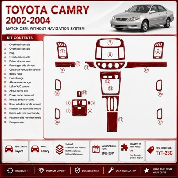 Toyota Camry 2002-2004 conformité OEM, sans navigation system kit décoration intérieure tableau de bord