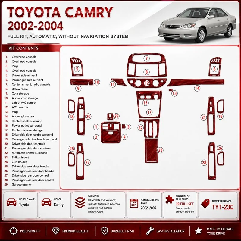 Toyota Camry 2002-2004 kit complet, boîte automatique, sans navigation system, sans OEM kit décoration intérieure tableau de bor