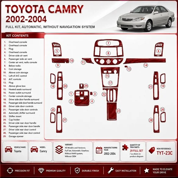Toyota Camry 2002-2004 kit complet, boîte automatique, sans navigation system, sans OEM kit décoration intérieure tableau de bor