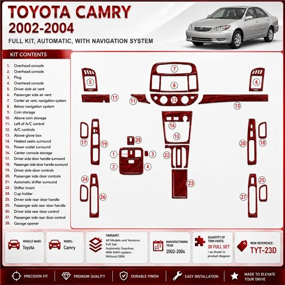 Toyota Camry 2002-2004 kit complet, boîte automatique, avec navigation system, sans OEM kit décoration intérieure tableau de bor