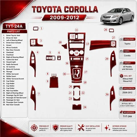 Toyota Corolla 2009 - à aujourd’hui kit complet, sans navigation kit décoration intérieure tableau de bord