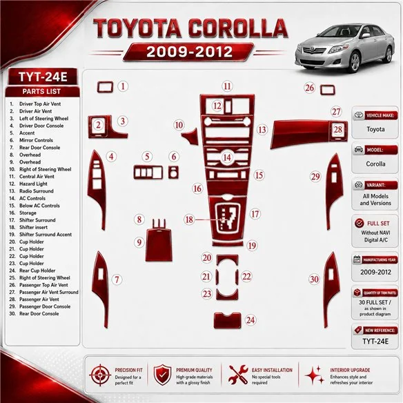 Toyota Corolla 2009 - à aujourd’hui kit complet, sans navigation, automatique AC kit décoration intérieure tableau de bord