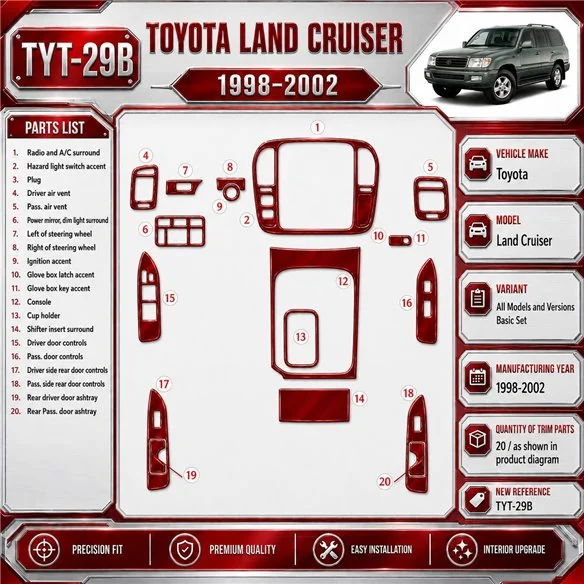 Toyota Land Cruiser 1998-2002 kit de base, 20 pièces kit décoration intérieure tableau de bord