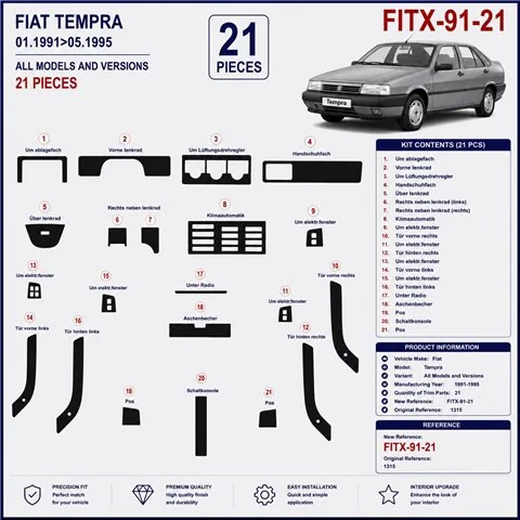Fiat Tempra 1991-1995 kit décor tableau de bord 3D, 21 pièces 2