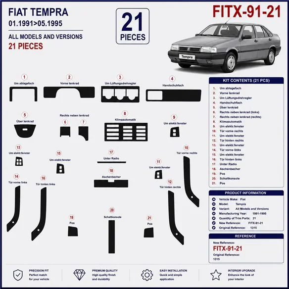 Fiat Tempra 1991-1995 kit décor tableau de bord 3D, 21 pièces
