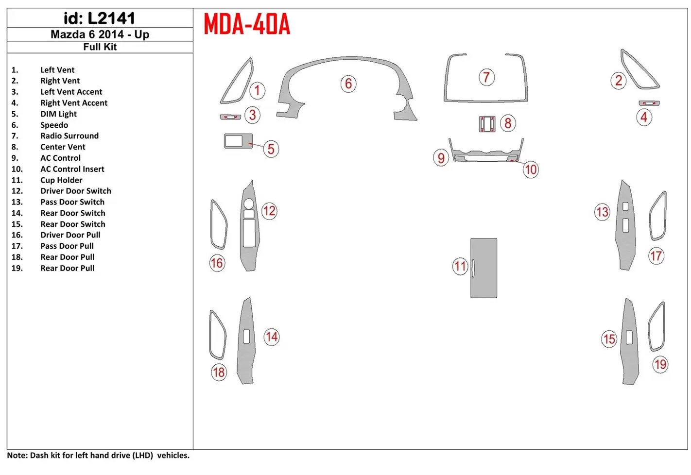 Mazda 6 2014-UP Ensemble Complet BD Kit la décoration du tableau de bord - 1 - habillage decor de tableau de bord