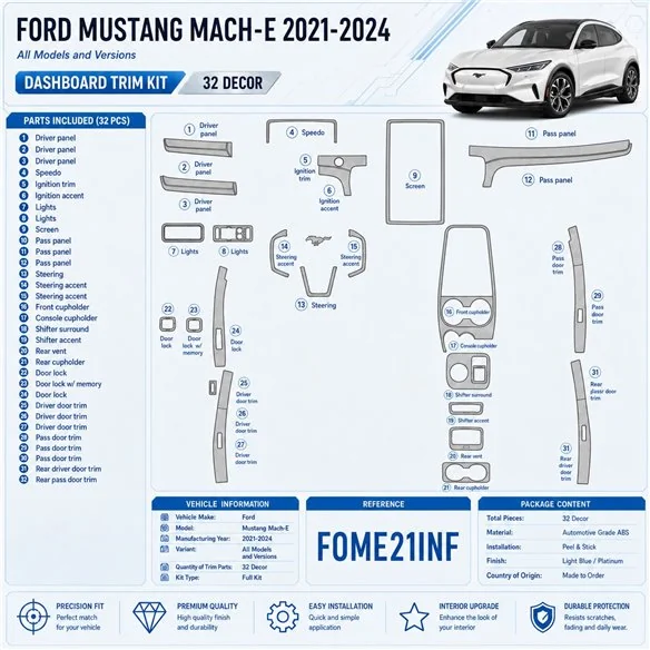 Ford Mustang Mach-E 2021-2024 kit décoration intérieure tableau de bord 32 pièces