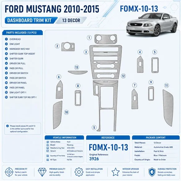 Ford Mustang 2010-2015 kit décoration intérieure tableau de bord 13 pièces