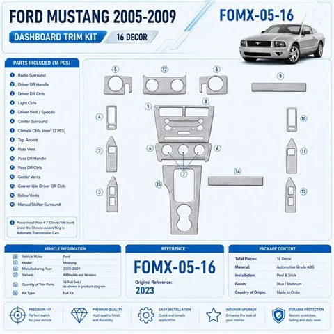 Ford Mustang 2005-2009 kit décoration intérieure tableau de bord 16 pièces