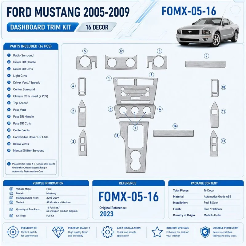 Ford Mustang 2005-2009 kit décoration intérieure tableau de bord 16 pièces