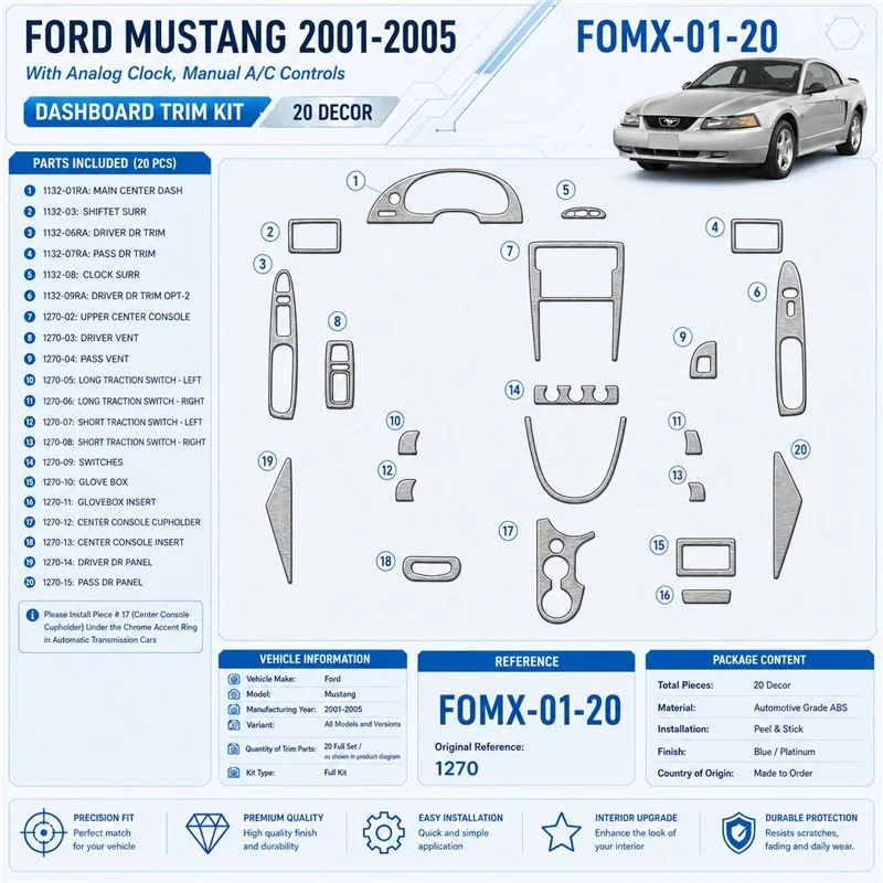 Ford Mustang 2001-2005 kit décoration intérieure tableau de bord 20 pièces