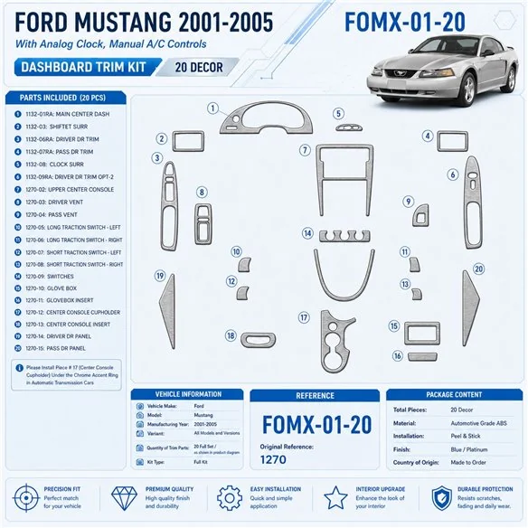 Ford Mustang 2001-2005 kit décoration intérieure tableau de bord 20 pièces