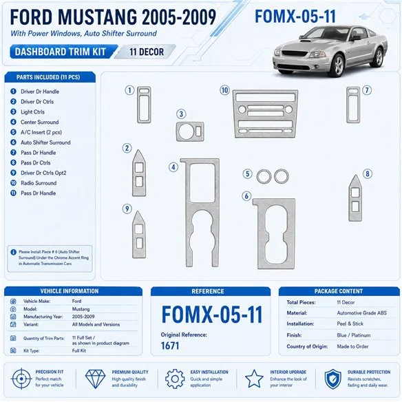 Ford Mustang 2005-2009 kit décoration intérieure tableau de bord 11 pièces