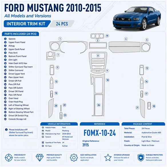 Ford Mustang 2010-2015 kit décoration intérieure tableau de bord 24 pièces