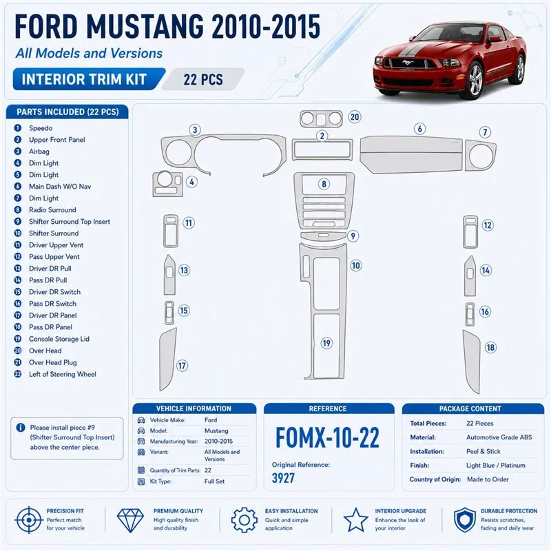 Ford Mustang 2010-2015 kit décoration intérieure tableau de bord 22 pièces