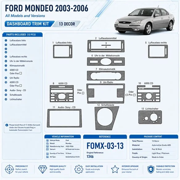 Ford Mondeo 2003-2006 3D kit décoration intérieure tableau de bord 13 pièces