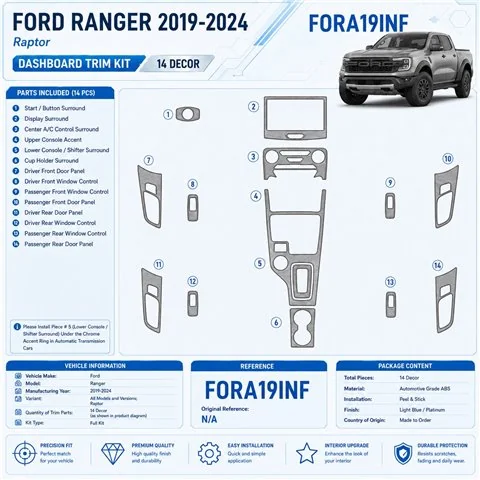 Ford Ranger 2019-2024 Raptor 3D kit décoration intérieure tableau de bord 14 pièces