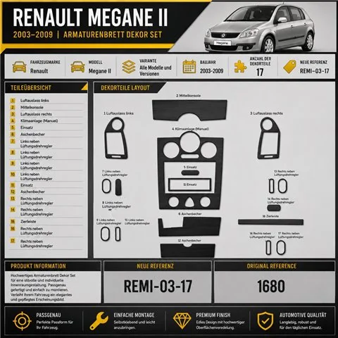 Renault Megane II 2003-2009 kit décor tableau de bord 3D, 17 pièces 2