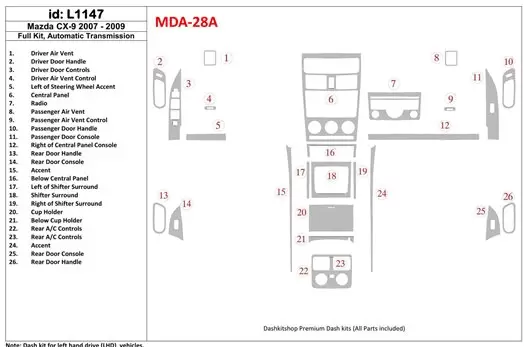 Mazda CX9 2007-2009 Ensemble Complet, Boîte automatique BD Kit la décoration du tableau de bord - 1 - habillage decor de tableau