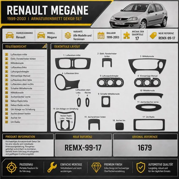Renault Megane 1999-2003 3D kit décoration intérieure tableau de bord 17 pièces
