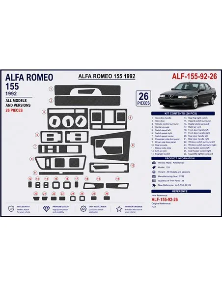 Alfa Romeo 155 1992 kit décor tableau de bord 3D, 26 pièces