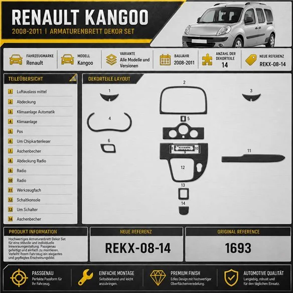 Renault Kangoo 2008-2011 3D kit décoration intérieure tableau de bord 14 pièces