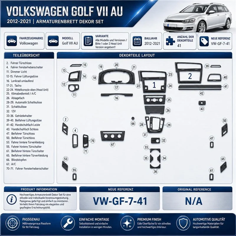 Volkswagen Golf VII AU 2012-2021 3D kit décoration intérieure tableau de bord 41 pièces