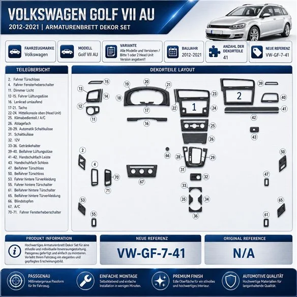 Volkswagen Golf VII AU 2012-2021 3D kit décoration intérieure tableau de bord 41 pièces
