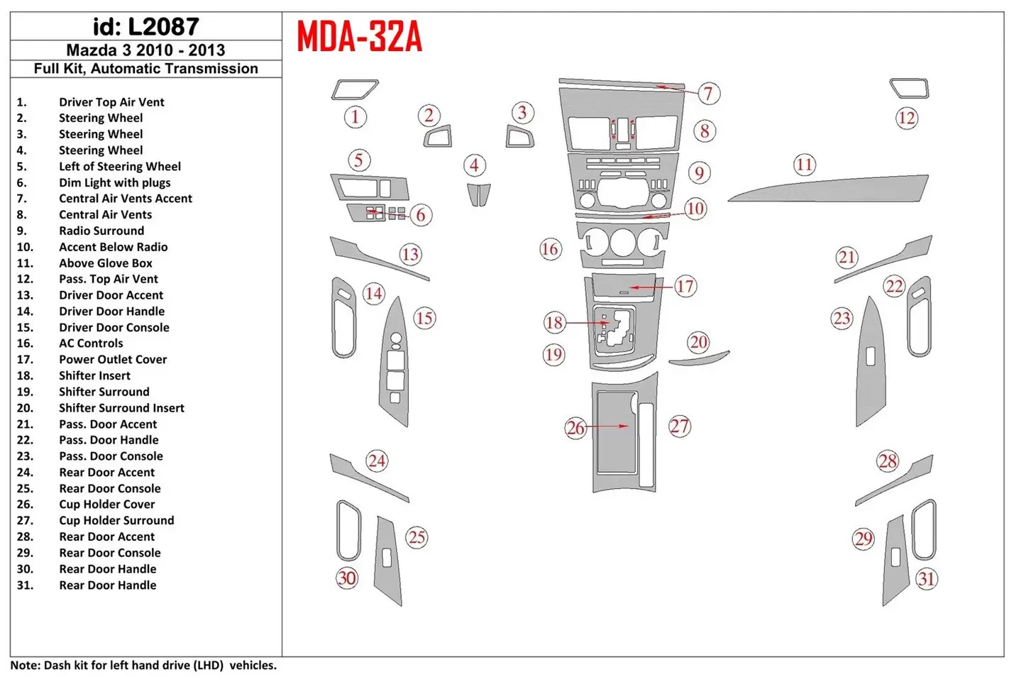Mazda Mazda3 2010-2013 Ensemble Complet, Boîte automatique BD Kit la décoration du tableau de bord - 1 - habillage decor de tabl