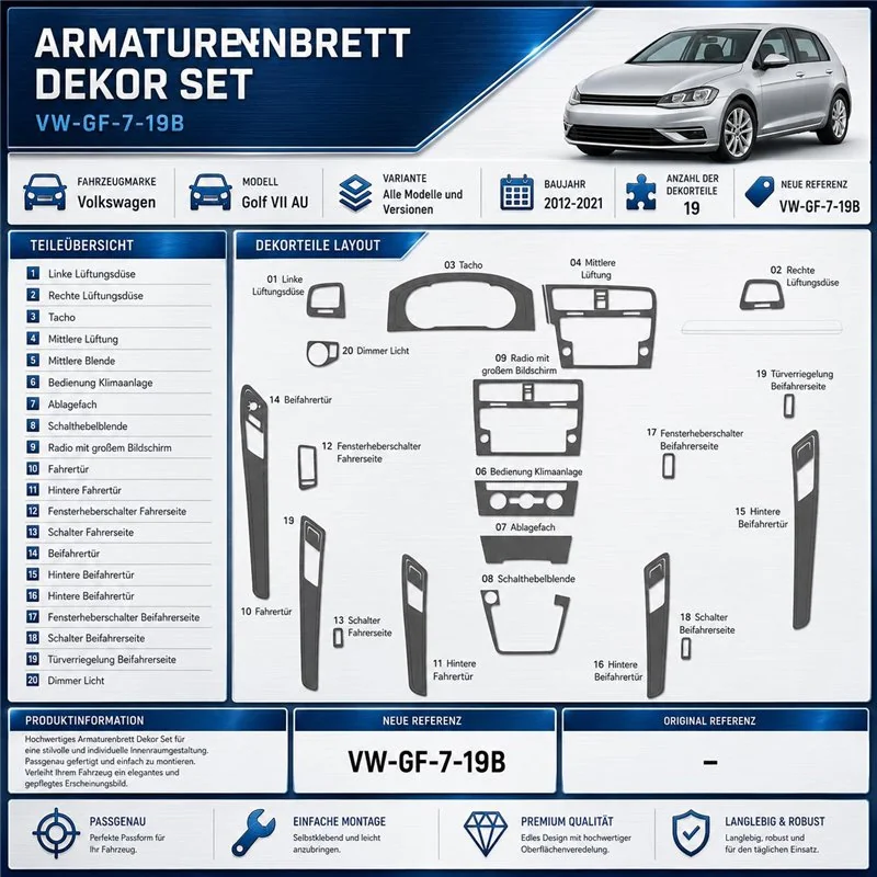 Volkswagen Golf VII AU 2012-2021 3D kit décoration intérieure tableau de bord 19B-pièces