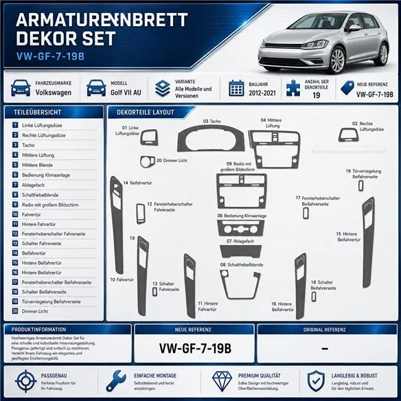 Volkswagen Golf VII AU 2012-2021 3D kit décoration intérieure tableau de bord 19B-pièces