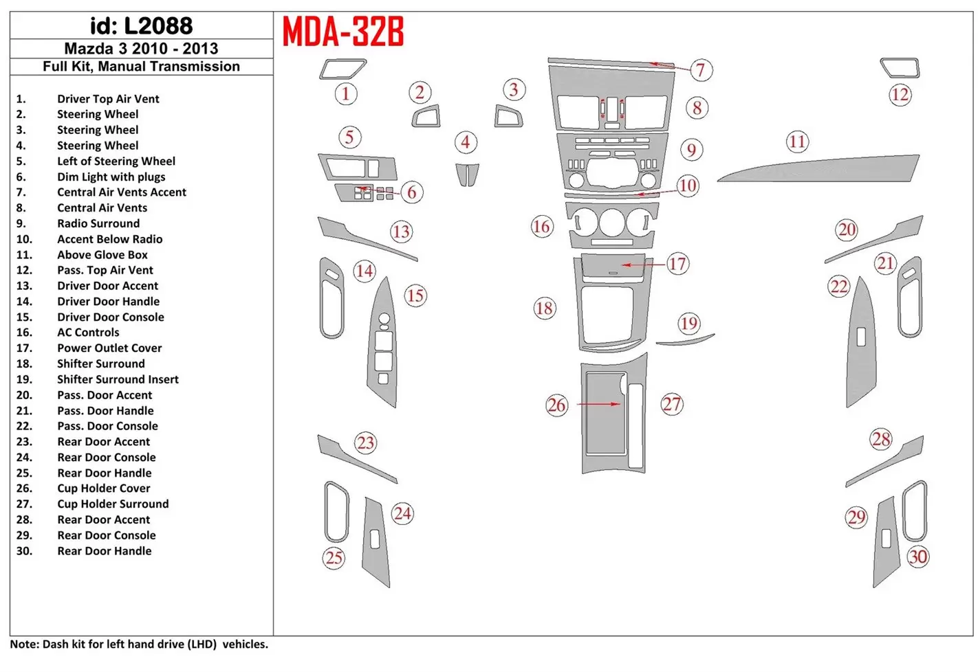 Mazda Mazda3 2010-2013 Ensemble Complet, boîte manuelle Box BD Kit la décoration du tableau de bord - 1 - habillage decor de tab