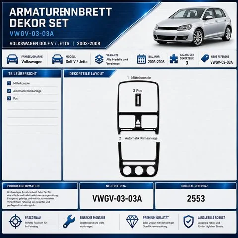 Volkswagen Golf V Jetta 2003-2008 automatic AC 3D kit décoration intérieure tableau de bord 3 pièces