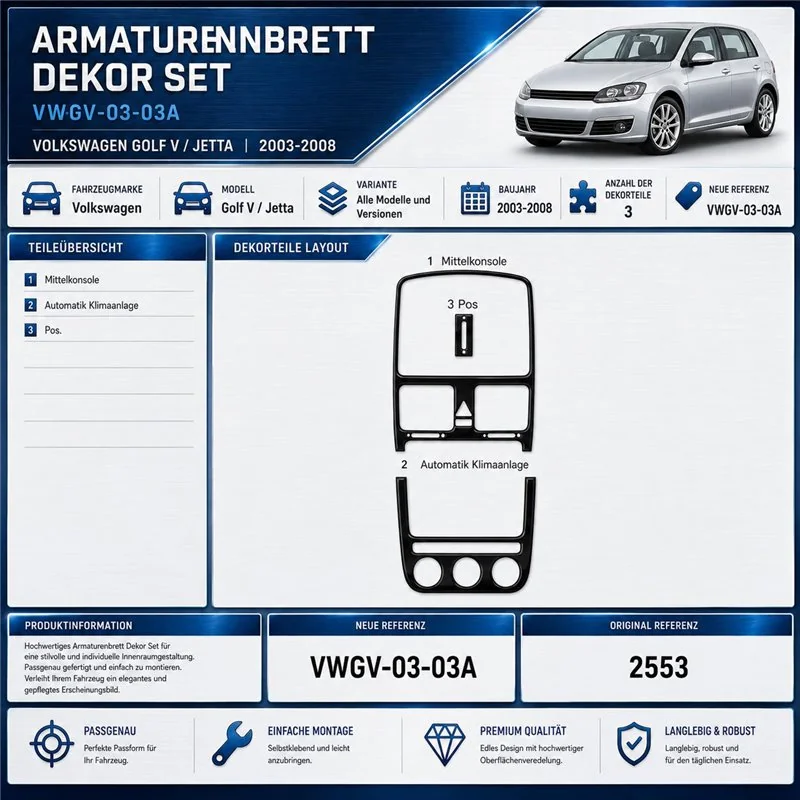 Volkswagen Golf V Jetta 2003-2008 automatic AC 3D kit décoration intérieure tableau de bord 3 pièces