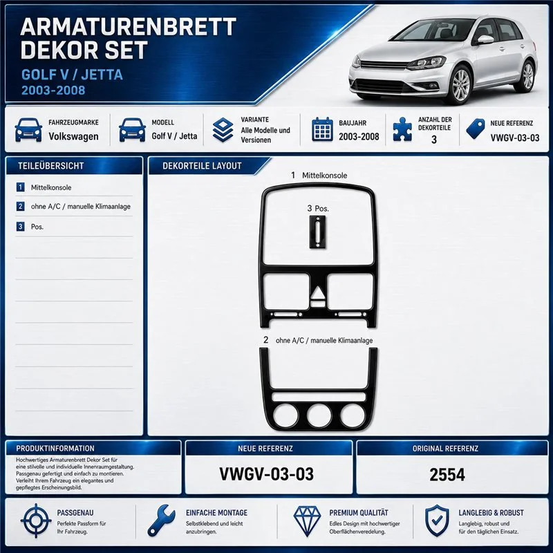 Volkswagen Golf V Jetta 2003-2008 3D kit décoration intérieure tableau de bord 3 pièces