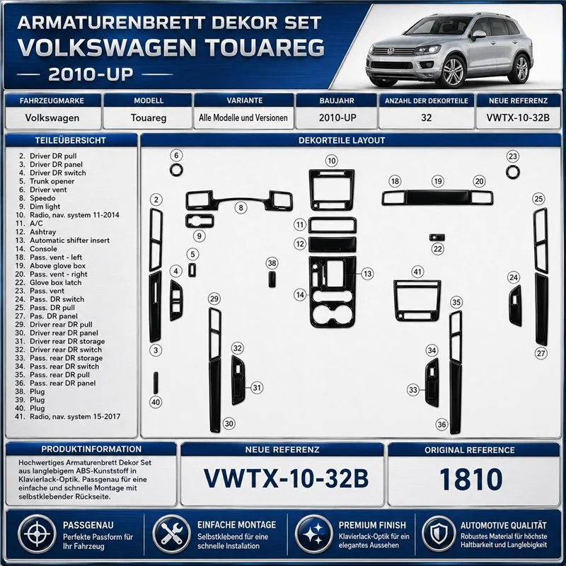 Volkswagen Touareg II 2010-2018 kit décoration intérieure tableau de bord 22 pièces