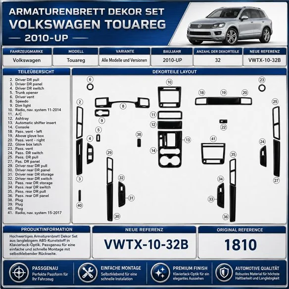 Volkswagen Touareg II 2010-2018 kit décoration intérieure tableau de bord 22 pièces