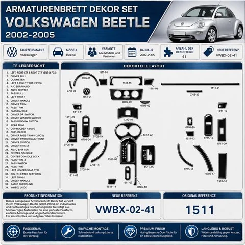 VolksWagen Beetle 2002-2005 kit décoration intérieure tableau de bord 41 pièces
