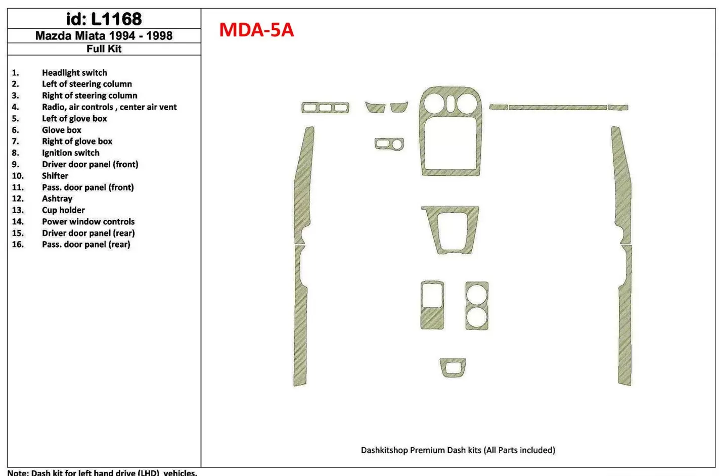 Mazda Miata 1994-1998 Ensemble Complet, 16 Parts set BD Kit la décoration du tableau de bord - 1 - habillage decor de tableau de