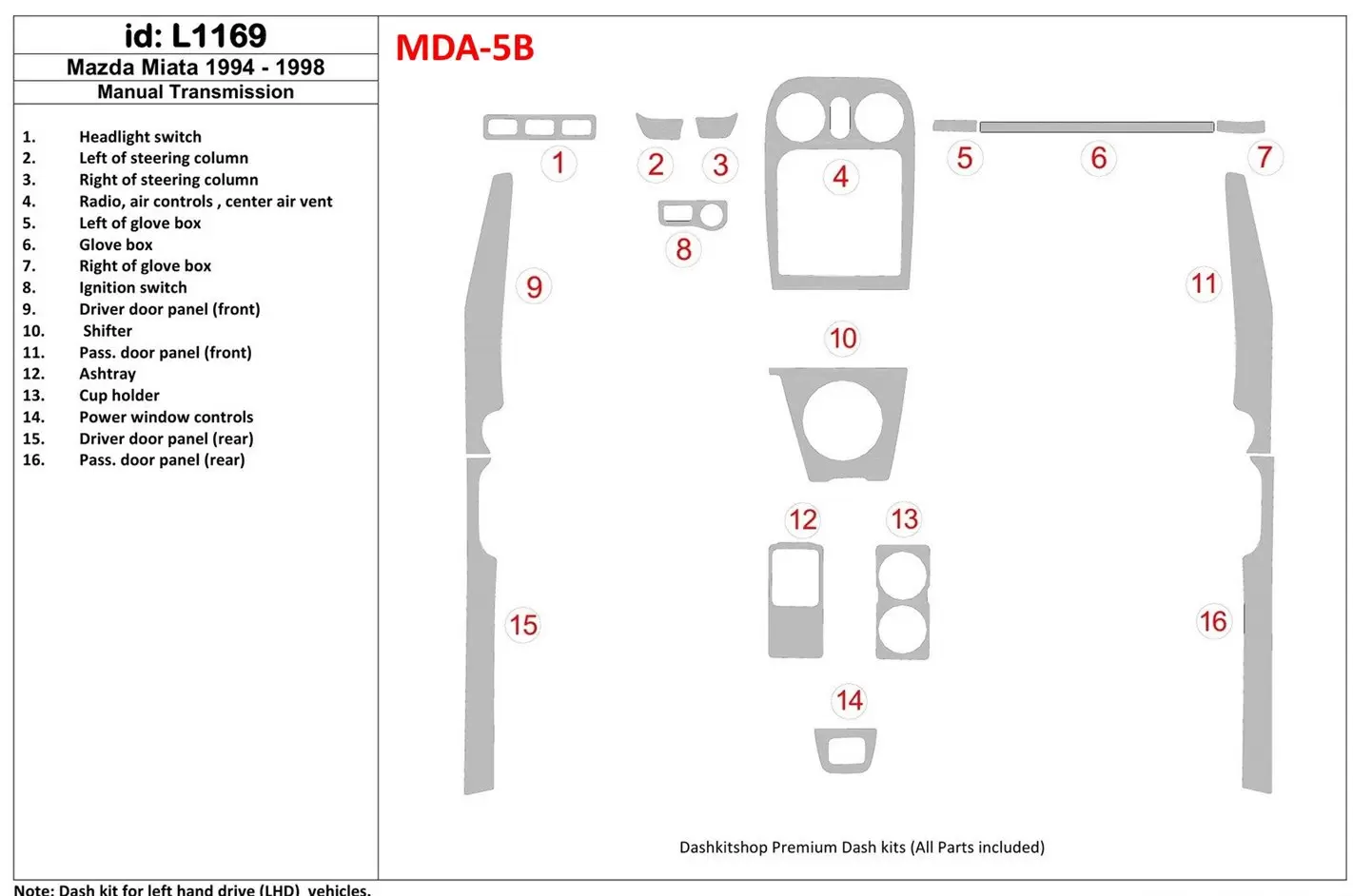 Mazda Miata 1994-1998 Ensemble Complet, boîte manuelle Box BD Kit la décoration du tableau de bord - 1 - habillage decor de tabl