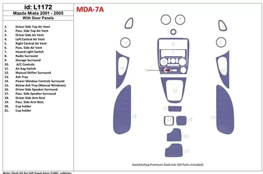 Mazda Miata 2001-2005 Avec Door panels, 21 Parts set BD Kit la décoration du tableau de bord - 1 - habillage decor de tableau de