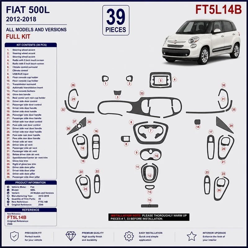 Fiat 500L 2012-2018 kit décor tableau de bord 3D, 39 pièces