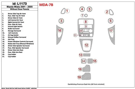 Mazda Miata 2001-2005 Sans Door panels, 19 Parts set BD Kit la décoration du tableau de bord - 1 - habillage decor de tableau de