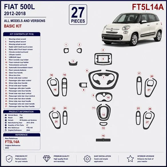 Fiat 500L 2012-2018 kit décor tableau de bord 3D, 27 pièces
