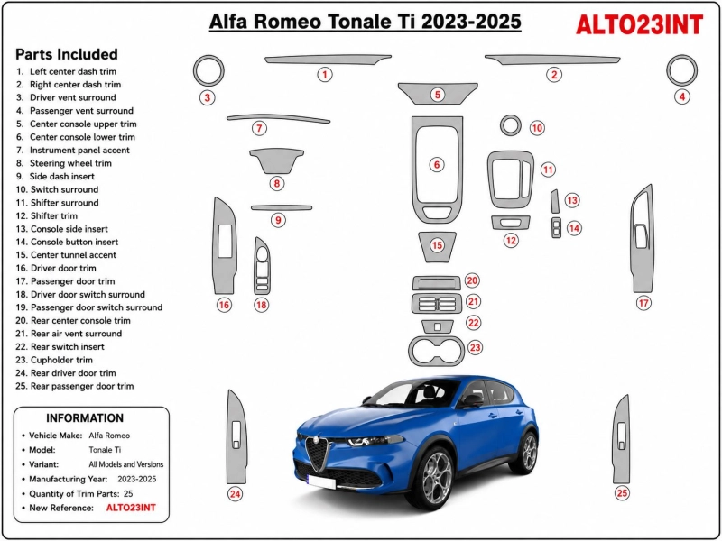 Alfa-Romeo Tonale Ti 2023-2025 kit décor tableau de bord 3D, 25 pièces