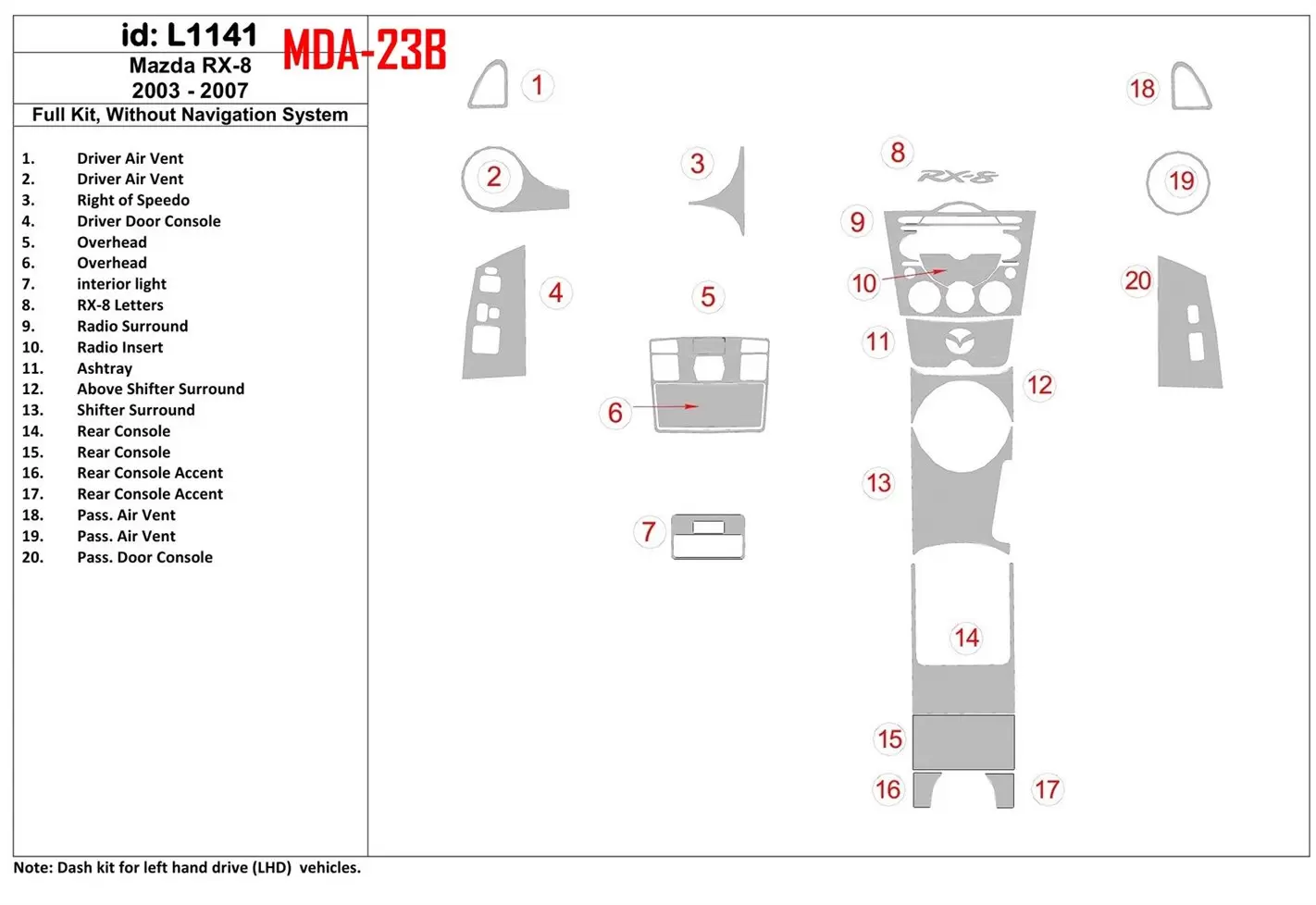 Mazda RX-8 2003-2007 Ensemble Complet, Sans NAVI system BD Kit la décoration du tableau de bord - 1 - habillage decor de tableau