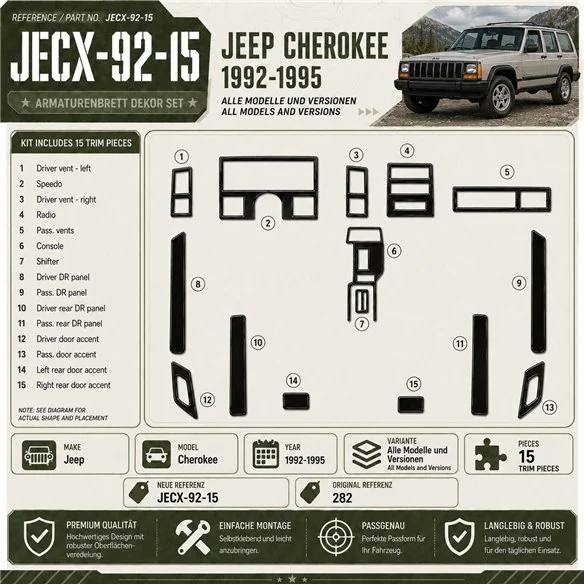 Jeep Cherokee 1992-1995 kit décoration intérieure tableau de bord 15 pièces