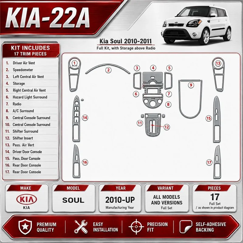 KIA Soul 2010 - à aujourd’hui kit complet, avec Storage above Radio kit décoration intérieure tableau de bord