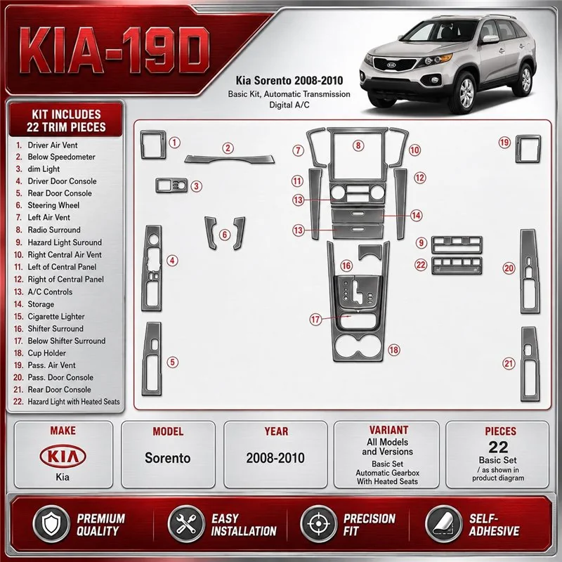 KIA Sorento 2008-2010 kit de base, boîte automatique,avec Heated Seats kit décoration intérieure tableau de bord