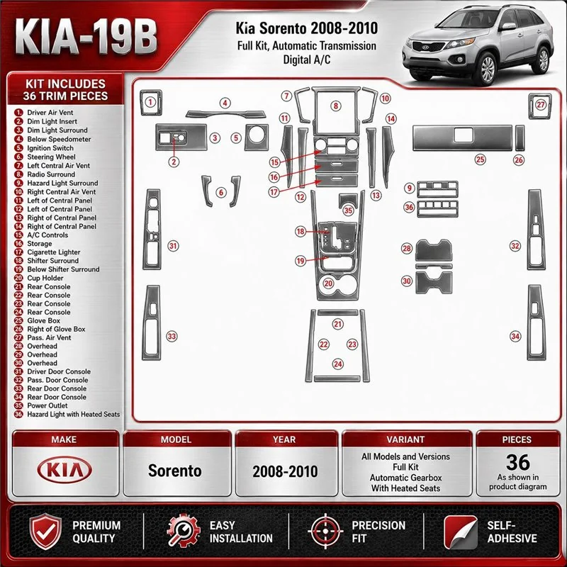 KIA Sorento 2008-2010 Ful Kit, boîte automatique,avec Heated Seats kit décoration intérieure tableau de bord